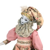 Vintage Harlequin Musical Doll, Porcelain, Floral Costume, 15.5 Inches, Collectible Doll, Working Music Box