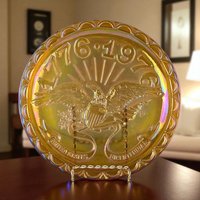 Vintage Indiana Glass Carnival Plate, US Centennial, American Eagle, Iridescent Glass, Collectible Plate, Patriotic Decor