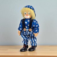 Small Clown Doll, Porcelain Face and Limbs, Blue Polka Dot Outfit, Collectible Display Doll, Whimsical Home Decor, Gift for Clown Lovers