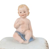 Vintage Bisque Porcelain Trinket Box: Baby with Blue Blanket