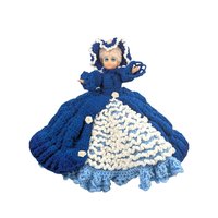 Vintage Crochet Lady Doll: Blue Dress & Bonnet, Folk Art Collectible