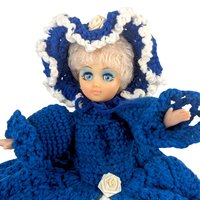 Vintage Crochet Lady Doll: Blue Dress & Bonnet, Folk Art Collectible