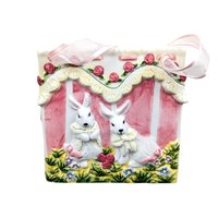 Vintage Ceramic Easter Bunny Bag: Pink Striped Basket Decor