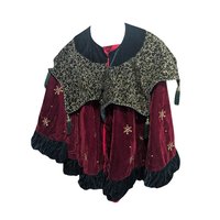 Vintage Handmade Burgundy and Green Velvet Shawl with Eyelet Clasps, One-Size, Warm, Festive