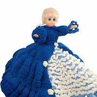 Vintage Handmade Crochet Lady Doll, Blue Dress and Bonnet, Folk Art Doll, Textile Art, Collectible Doll, Unique Gift, Home Decor