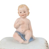 Bisque Porcelain Trinket Box, Baby with Blue Blanket Figurine, Keepsake Box, Nursery Decor, Gift for Baby Shower, Christening Gift