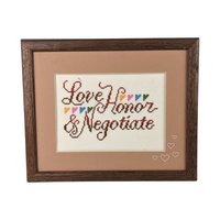 Vintage Framed Cross Stitch "Love, Honor, & Negotiate" | Funny Cross Stitch | Wedding Gift | Anniversary Gift | Home Decor
