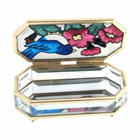 Vintage Joan Baker Designs Jewelry Box, Hand Painted Glass Trinket Box, Bluebird and Flowers, Collectible Box, Gift for Her
