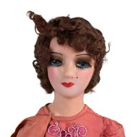 Antique Boudoir Bed Doll - 30" Tall with Orange Dress - Doll with Character - Shabby Chic Decor - Collector's Item