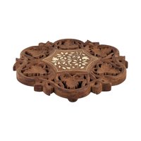 Vintage Indian Wooden Trivet, Carved Floral Design, 8 Inch, Handmade Kitchen Decor, Rustic Table Protector