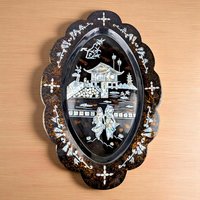 Vintage Black Lacquer Asian Shell Inlaid Wall Hanging, 23.5x16", Mother of Pearl Art, Oriental Decor, Gift for Asian Art Lovers