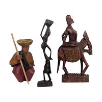 Vintage Hand Carved Wooden Figurines, Tribal Art Decor, African Woman on Horse, Man with Pole, Collectible Wood Carvings