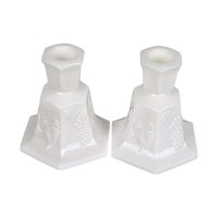Vintage Fostoria Milk Glass Candle Holders, Pair, Grape Pattern, 4.25 Inches - Mid-Century Modern