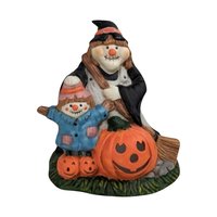Vintage Halloween Decor Lot - Handmade Witch Wall Hanging, Ceramic Witch Tealight Holder, Black Cat Figurine, Witch Ornament with Snake