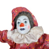 Vintage 18" Porcelain Clown Doll with Moon & Sun Outfit, Hand-Painted Face, Made in China, Decorative Collectible