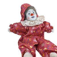 Vintage 18" Porcelain Clown Doll with Moon & Sun Outfit, Hand-Painted Face, Made in China, Decorative Collectible