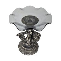 Vintage Cast Pewter Pedestal Dish, Cherub and Koi Fish, Glass Candy Dish, Trinket Dish, Unique Home Decor