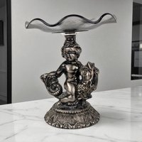 Vintage Cast Pewter Pedestal Dish, Cherub and Koi Fish, Glass Candy Dish, Trinket Dish, Unique Home Decor