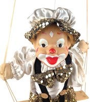 Vintage Porcelain Clown Doll on Swing, Green Gold Sequin Clown Figure, Hanging Circus Decor, Collectible Clown