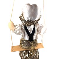 Vintage Porcelain Clown Doll on Swing, Green Gold Sequin Clown Figure, Hanging Circus Decor, Collectible Clown