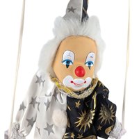 Vintage Moon and Stars Clown Doll, Black White Porcelain Swing Figure, Celestial Circus Decor, Collectible