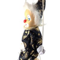 Vintage Moon and Stars Clown Doll, Black White Porcelain Swing Figure, Celestial Circus Decor, Collectible
