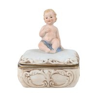 Vintage Bisque Porcelain Trinket Box: Baby with Blue Blanket