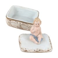 Vintage Bisque Porcelain Trinket Box: Baby with Blue Blanket