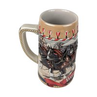 1986 Budweiser Holiday Stein: Clydesdale Horses Christmas Town Scene