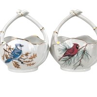 Vintage Limoges Porcelain Bird Baskets: Cardinal & Blue Jay Pair