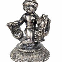 Vintage Cast Pewter Pedestal Dish, Cherub and Koi Fish, Glass Candy Dish, Trinket Dish, Unique Home Decor