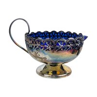 Vintage English Silverplated Blue Glass Creamer Sugar Bowl Set Celtic Design Tableware Gift for Hostess