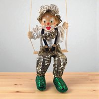 Vintage Porcelain Clown Doll on Swing, Green Gold Sequin Clown Figure, Hanging Circus Decor, Collectible Clown