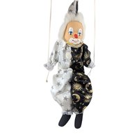 Vintage Moon and Stars Clown Doll, Black White Porcelain Swing Figure, Celestial Circus Decor, Collectible
