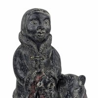 Hand-Carved Stone & Marble Inuit Sculpture: Eskimo with Dog