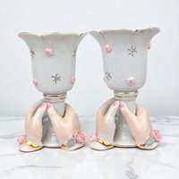 Vintage Ceramic Hand Candle Holders: Pink Roses, Gold Trim, Mid-Century Decor