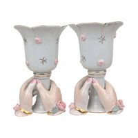 Vintage Ceramic Hand Candle Holders: Pink Roses, Gold Trim, Mid-Century Decor