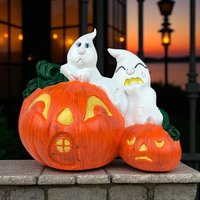 Vintage Hand-Painted Ghost & Jack O'Lantern Figurine: Whimsical Halloween Decor
