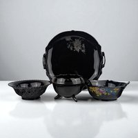 Vintage Black Glass Bowl Set: LE Smith Plate & Hand-Painted Floral Bowl