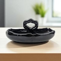 Vintage Black Glass Trinket Dish with Handle: Art Deco Vanity Tray