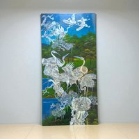 Vintage Mother of Pearl Inlay Panel, Large Asian Lacquer Wall Art with Cranes, Scenic Bird Wall Hanging, Oriental Decor