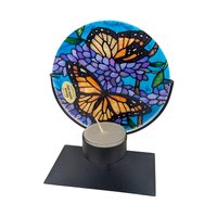 Vintage Joan Baker Handpainted Glass Candle Holder: Monarch Butterfly Art