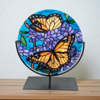 Vintage Joan Baker Handpainted Glass Candle Holder: Monarch Butterfly Art