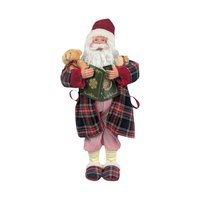 Vintage Standing Santa Figure: Plaid Robe, Teddy Bear, Christmas Mantel Decor