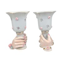 Vintage Ceramic Hand Candle Holders: Pink Roses, Gold Trim, Mid-Century Decor
