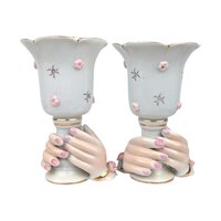 Vintage Ceramic Hand Candle Holders: Pink Roses, Gold Trim, Mid-Century Decor
