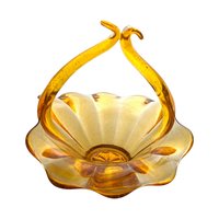Vintage Amber Art Glass Basket: Mid Century Hand Blown Decor