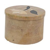 Vintage Stone Inlay Box, Small Round Trinket Box from India, Mother of Pearl Flower Ring Box, Handcrafted Soapstone Pill Box