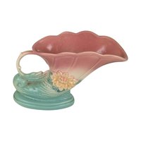 Vintage Hull Pottery Cornucopia Vase: Pink & Turquoise Waterlily, 1940s Art Deco