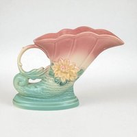 Vintage Hull Pottery Cornucopia Vase: Pink & Turquoise Waterlily, 1940s Art Deco